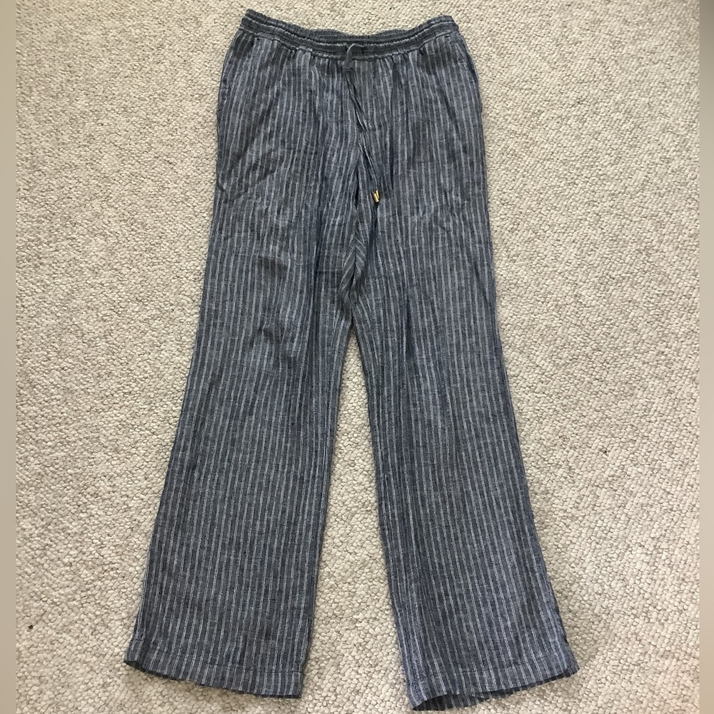 Like new Ellen Tracy Linen Pants Striped Navy White S Elastic Waist Drawstring
